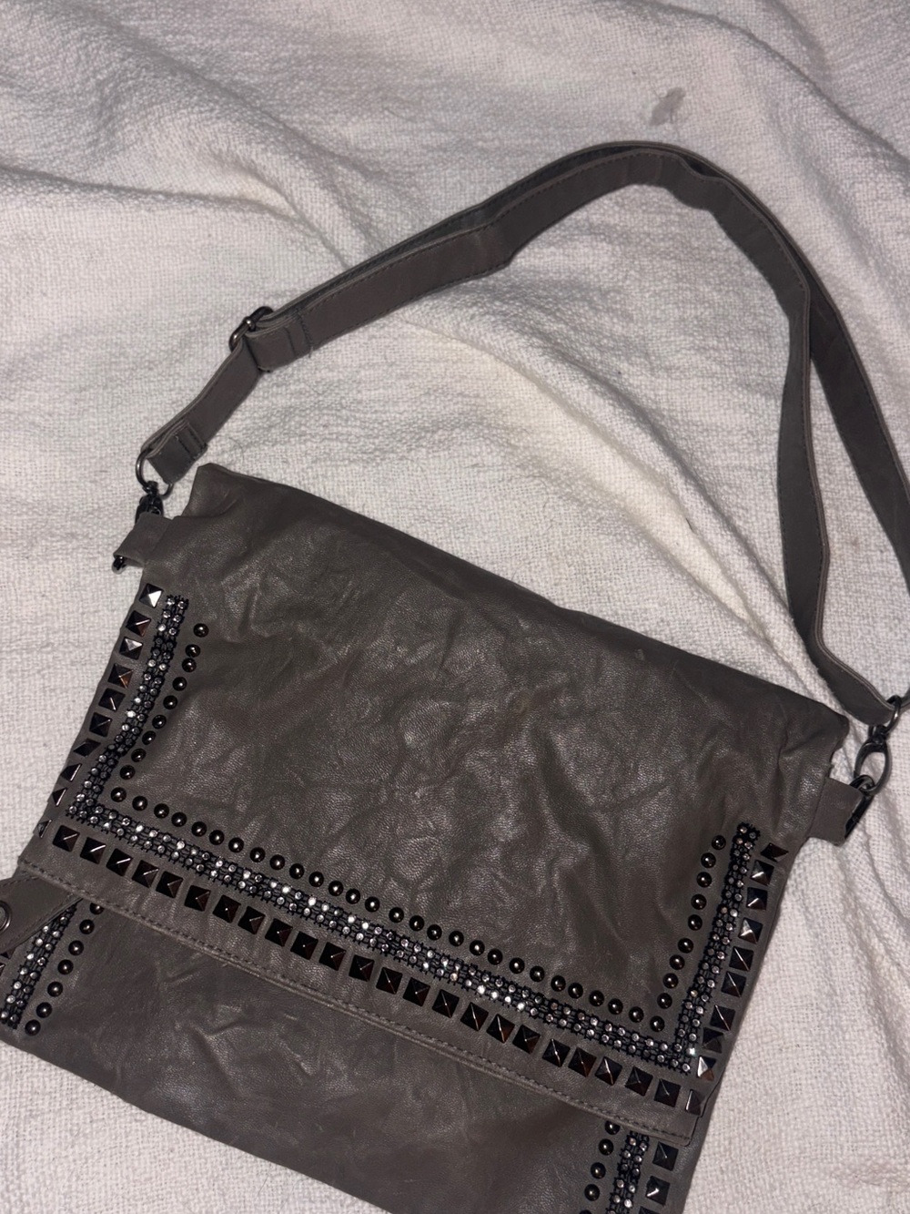 Buckle Charcoal Gray Studded Fold-Over Crossbody Bag